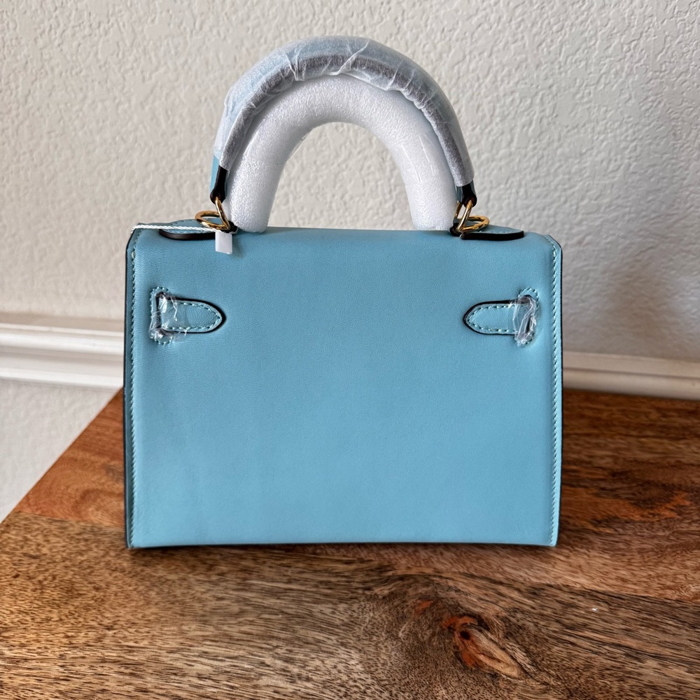LEATHER INSIDE & OUT | Aqua Sky Mini 22 Sellier Belted KL Top Handle w/ Gold S17 - Picture 6 of 14